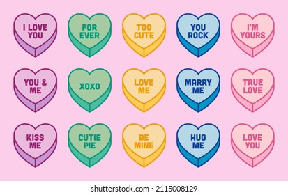 Heart Candy with Love Slogans and Messages. Heart Shaped Candy Vector Illustrations for Valentine's Day Decoration