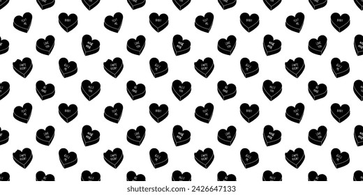 Ilustración de patrón sin fisuras de caramelo de corazón. Lindo amor cita corazones impresión de fondo. Textura del telón de fondo del día de San Valentín, diseño romántico de la boda. Dulce blanco y negro con mensaje gracioso.