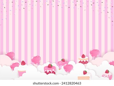 Heart candy and strawberry cake on a cloud with sugar sprinkles and a striped background. Paper art style.
