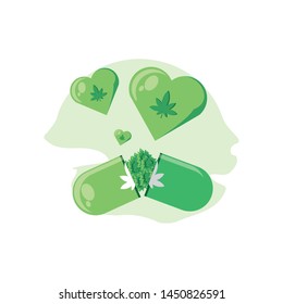 heart with cannabis leaf with capsules