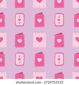 Tarjeta del corazón, patrón inconsútil del calendario en un fondo púrpura. Concepto de San Valentín. Para la tarjeta, la tela y el papel de embalaje.

