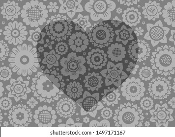 Heart, card, floral background, color, gray, vector. A gray heart on a flower field. Vector picture. 