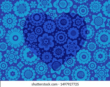 Heart, card, floral background, color, blue dark, vector.  A blue heart on a flower field. Vector picture. 