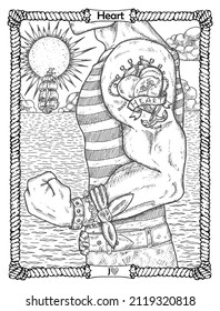 Heart card from the oracle Old Marine Lenormand deck with sailor's shoulder with tattoo. Nautical vintage background, coloring book page, t-shirt and tattoo vector graphic, pirate adventures concept