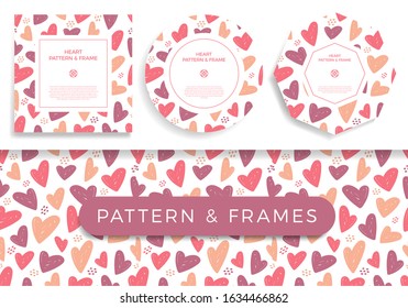 Heart card set. Poster, banner or card Frame Border with love hand draw trendy color heart pattern. Square, Circle hexagon Geometric Shape Vector Illustration. Flyer Design with copy space for text.