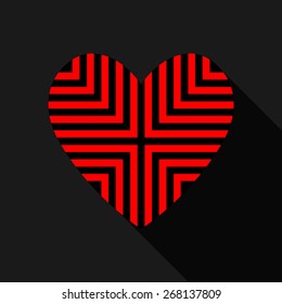 Heart card with striped red and black. on black background.