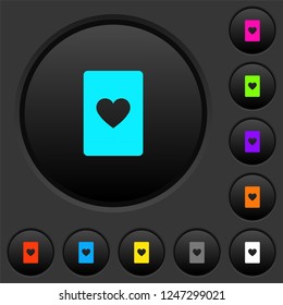 Heart card symbol dark push buttons with vivid color icons on dark grey background