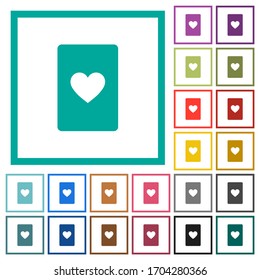 Heart card symbol flat color icons with quadrant frames on white background