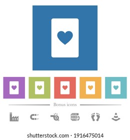 Heart card symbol flat white icons in square backgrounds. 6 bonus icons included.