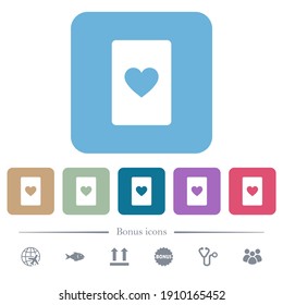 Heart card symbol white flat icons on color rounded square backgrounds. 6 bonus icons included