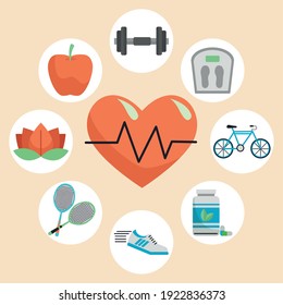 heart cardio with bundle of eight healthy lifestyle set icons vector illustration design