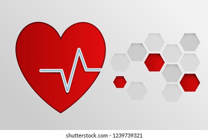 Heart with cardiogram with abstract hexagons background