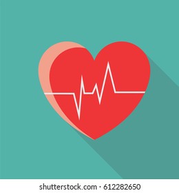 Heart with cardiogram flat icon with long shadow isolated on blue background. Medical devices in flat style, vector illustration.