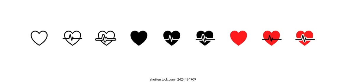 Iconos del cardiograma. Diferentes estilos, conjunto de corazones, diseño de botón de indicador de salud. Iconos vectoriales