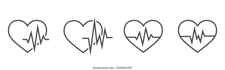 Heart cardiogram line icon set. Heartbeat symbols. Medical isolated vector images in simple style