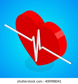 Heart and cardiogram line. Isometric vector illustration