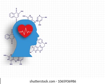 Heart cardiogram on human head model with chemistry formula on grid background represent medical and health care concept. Line of cardiogram. Heart rate graphic. Technology Background.