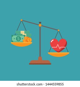 Heart with cardiogram and pile of money on scales as concept of life choice health or career. Imbalance of lifestyle and work. Flat vector illustration.