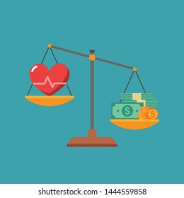 Heart With Cardiogram And Pile Of Money On Scales As Concept Of Life Choice Health Or Career. Imbalance Of Lifestyle And Work. Flat Vector Illustration.