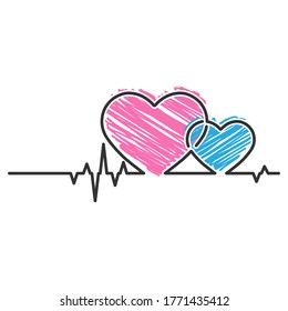 Heart and cardiogram pulse. Doodle style. Contour vector illustration isolated on a white background
