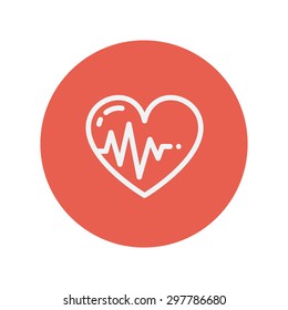 Corazón con icono de línea delgada de cardiograma para diseño plano minimalista web y móvil. Icono blanco vector dentro del círculo rojo.