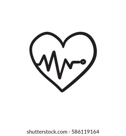 Coração com ícone de esboço vetorial de cardiograma isolado no fundo. Coração desenhado à mão com ícone de cardiograma. Coração com ícone de esboço de cardiograma para infográfico, site ou aplicativo.