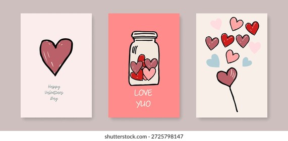 Conjunto de tarjetas de corazón Dibujo a mano Doodles Sketch Style. Día de San Valentín lindo cartel Plantillas. Diseño de fondo de amor para impresiones, carteles, Anuncios, Web, redes sociales. Ilustración vectorial. No es IA
