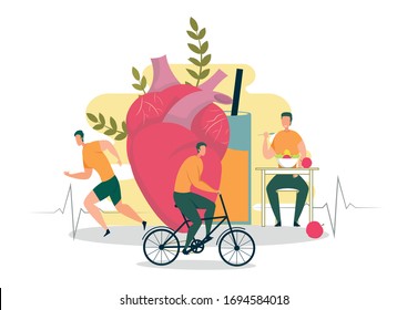 Heart Care and Cardio Workout, Eating Vegetable. Large Internal Organ. Man Jogging along Cardiogram, Ride Bicycle, Eating Healthy Food at Dining Table. Large Glass with Fruit Fresh.