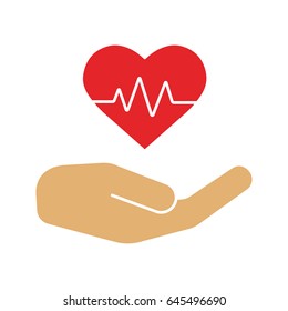 Heart care color icon. Human hand with heartbeat curve. Isolated vector illustration
