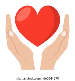 Heart care concept with hands and heart, vector icon in flat style