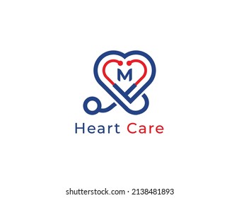 Heart Care Concept Logo sign icon symbol Design with Letter M. Vector illustration logo template