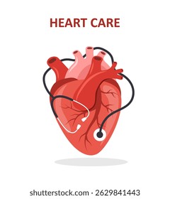 Heart care concept. Medical check up. Big realistic heart with stethoscope. Heart rate monitor. Flat Vector illustration.