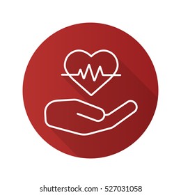 Heart care flat linear long shadow icon. Human hand with heartbeat curve. Vector line symbol