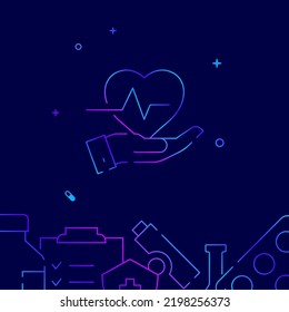Heart care hand gradient line vector icon, simple illustration on a dark blue background, medicine related bottom border.