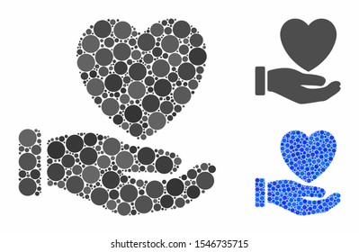 Heart care hand mosaic of filled circles in variable sizes and color tinges, based on heart care hand icon. Vector filled circles are grouped into blue collage.