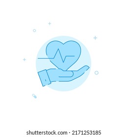 Herzpflege Hand Vektorsymbol. Flache Illustration. Voller Linienstil. Blaues monochromes Design. Bearbeitbarer Strich. Passen Sie das Zeilengewicht an.
