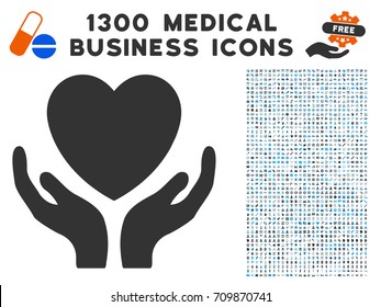 Heart Care Hands grey vector icon with 1300 healthcare commercial pictograms. Collection style is flat bicolor light blue and gray pictograms.