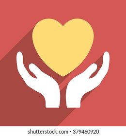 Heart Care Hands long shadow vector icon. Style is a flat light symbol with rounded angles on a red square background.