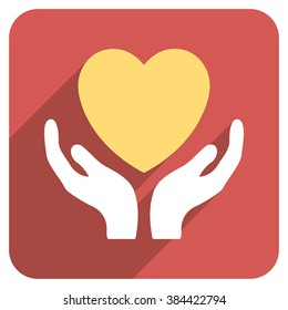 Heart Care Hands long shadow vector icon. Style is a flat symbol on a red rounded square button.