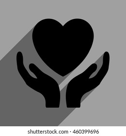 Heart Care Hands long shadow vector icon. Style is a flat heart care hands black iconic symbol on a gray square background with longshadow.