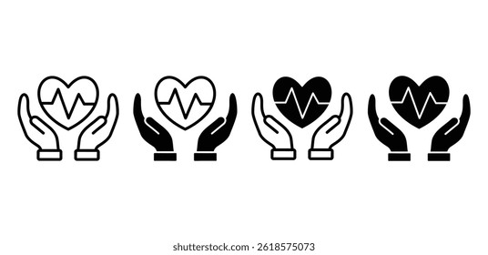Heart Care Icon Black and White Hands Protecting Heartbeat Symbol Vector Design