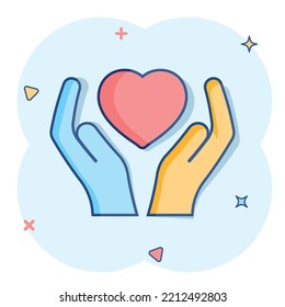 Heart care icon in comic style. Charity vector cartoon illustration on white isolated background. Love in hand business concept splash effect.