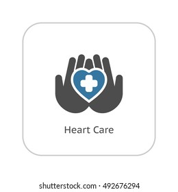 Heart Care Icon. Flat Design. Isolated Illustration. Two hands holding a heart with a cross on it.