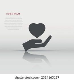 Heart care icon in flat style. Charity vector illustration on white isolated background. Love in hand business concept.