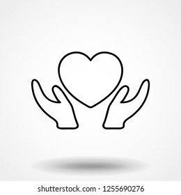 Heart Care Line Icon with Hands. Flat Design Isolated.