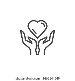 Heart care line icon. linear style sign for mobile concept and web design. Heart in hands outline vector icon. Charity and donation symbol, logo illustration. Vector graphics