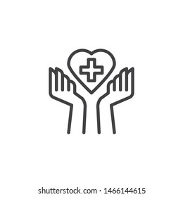 Heart care line icon. linear style sign for mobile concept and web design. Hands hold medical heart outline vector icon. Charity and donation symbol, logo illustration. Vector graphics