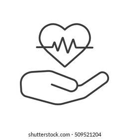 Heart care linear icon. Thin line illustration. Human hand with heartbeat curve contour symbol. Vector isolated outline drawing