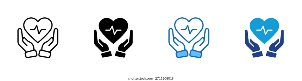 Heart Care Multiple Style Icon Design Vector - Hands holding a heart with heartbeat line, symbolizing health, protection, and medical support