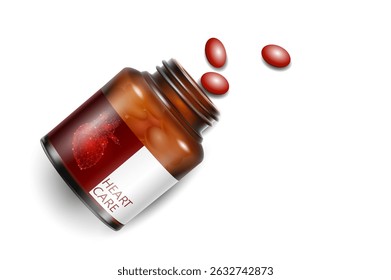 Heart care pills in bottle. Cardiovascular medication treatment supplements. Health wellness medical pharmacy product. Red heart label white background vector illustration